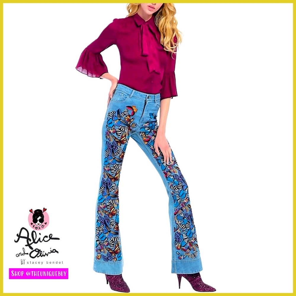 Alice + Olivia Beautiful Embroidered Butterfly Bell Jeans Pant - Picture 3 of 16